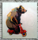 bear, bear on scooter, scooter, animal on scooter, bear riding red scooter, red scooter