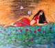 INDIAN LADY READING BOOK BESIDE LOTUS POND. (ART_7748_53314) - Handpainted Art Painting - 24in X 18in