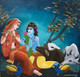 Radha Krishna Sitting with cows (ART_8370_62229) - Handpainted Art Painting - 20in X 20in