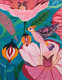 Pink flowers and the bird (ART_8202_62439) - Handpainted Art Painting - 14in X 18in