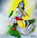Krishna playing flute with swan parrot and cow (ART_8370_63381) - Handpainted Art Painting - 10in X 10in