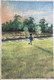 Boy Playing In Natural Lawn While Sunset (ART_325_68192) - Handpainted Art Painting - 9in X 13in