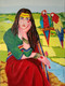 Women and parrot (ART_623_70689) - Handpainted Art Painting - 24in X 36in