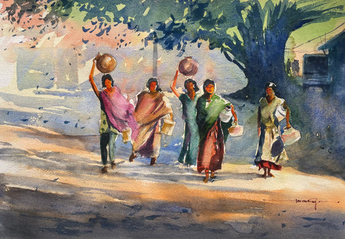 Village Woman | Lady, women, Village women painting water on paper | |  Acrylic On Canvas | Portrait | MA-416035 | Dirums.com