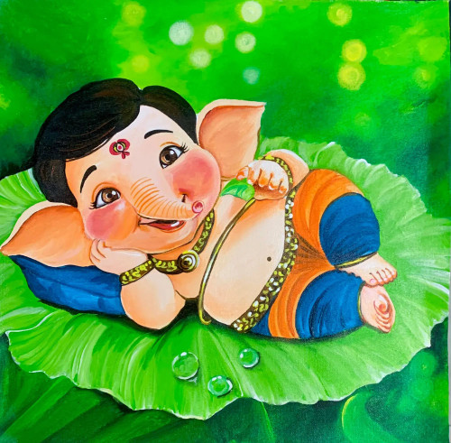 Buy Cute Ganesha - Playful, Colorful, Divine Painting Online