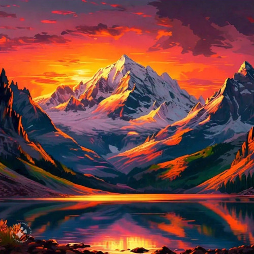 絵画 Mountain at sunset 175 Fiery Mountain Sunset Landscape Painting Stock Photos - Free