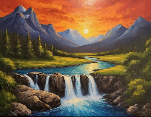 Buy Nature Scenery Landscape Painting Of Mountains Waterfall With