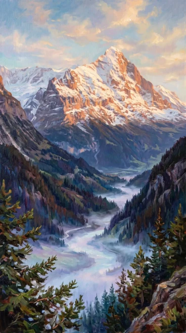 Buy Alpenglow Over Silent Valleys - Impasto Alpine Landscape
