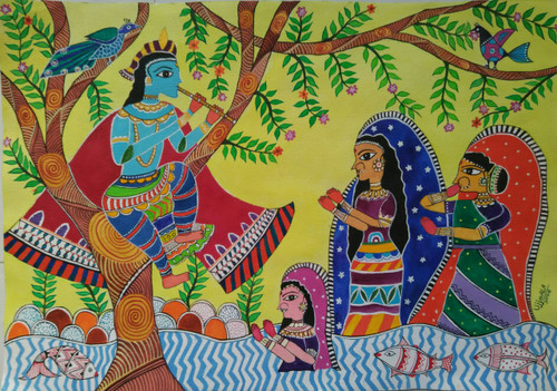 Buy Krishna Madhubani Art Handmade Painting by Ujwala Chavan.  Code:ART_1243_14380 - Paintings for Sale online in India.