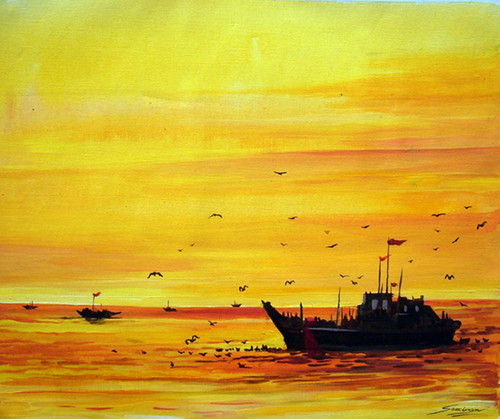 Buy Fishing Boats At Sunset Handmade Painting By Samiran Sarkar