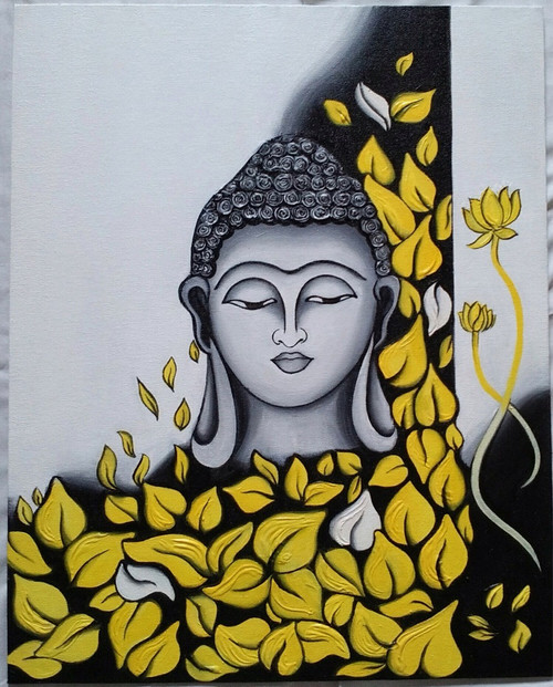 Buy Buddha Yellow Black And White Textured Acrylic Canvas Painting
