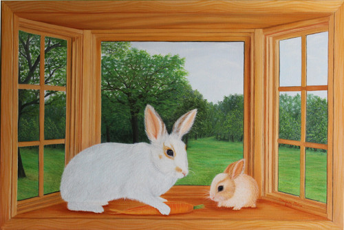 Rabbit In The Window Buy Rabbit and Bunny on Window Handmade Painting by Goutami Mishra ...