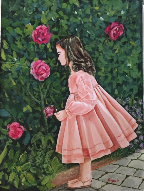 Buy Girl in a pink dress in a rose flower garden Handmade Painting by ...
