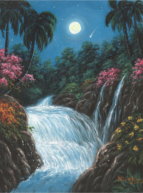 Buy The Moonlight Waterfall Handmade Painting By Niraj Pradhan