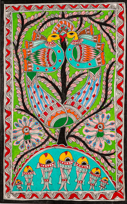 Buy Madhubani Fishes Peacock And Trees 009 Handmade Painting by ...
