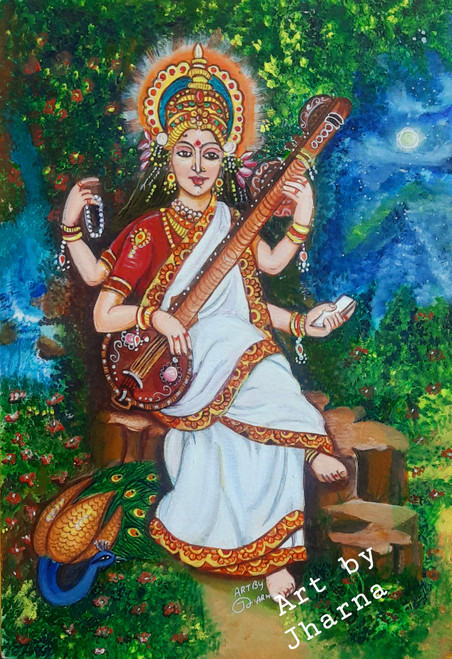 Devi Saraswati Seated on Lotus | Batik Painting | Exotic India Art