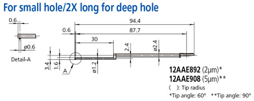 Mitutoyo Small Hole 2X Stylus for Long Deep Hole, Tip Angle 60°, Tip Radius (2µm) - 12AAE892 Mitutoyo Small Hole 2X Stylus for Long Deep Hole, Tip Angle 60°, Tip Radius (2µm) - 12AAE892
