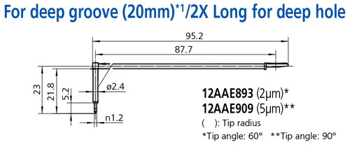 Mitutoyo Deep Groove Stylus (20mm) 2X Long for Deep Hole, Tip Angle 60°, Tip Radius (2µm) - 12AAE893 Mitutoyo Deep Groove Stylus (20mm) 2X Long for Deep Hole, Tip Angle 60°, Tip Radius (2µm) - 12AAE893