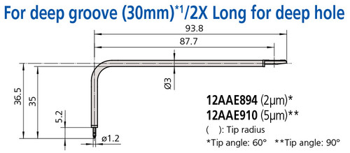 Mitutoyo Deep Groove Stylus (30mm) 2X Long for Deep Hole, Tip Angle 60°, Tip Radius (2µm) - 12AAE894 Mitutoyo Deep Groove Stylus (30mm) 2X Long for Deep Hole, Tip Angle 60°, Tip Radius (2µm) - 12AAE894