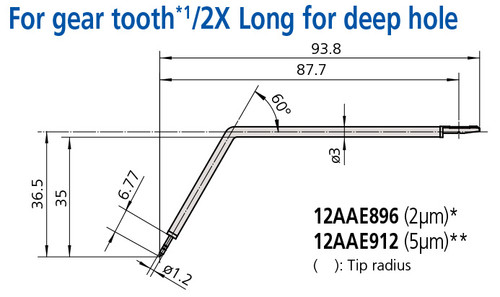 Mitutoyo Gear Tooth Stylus 2X Long for Deep Hole, Tip Angle 90°, Tip Radius (5µm) - 12AAE912 Mitutoyo Gear Tooth Stylus 2X Long for Deep Hole, Tip Angle 90°, Tip Radius (5µm) - 12AAE912