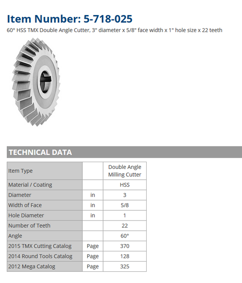 TMX Double Angle Milling Cutter  3" Dia. x 5/8" Face Width x 1" Hole Size  - 5-718-025