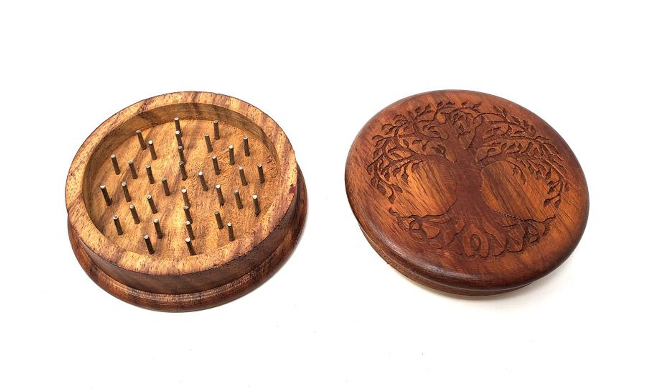 Tree of Life Carved Wooden Herb Grinder 3 Round - United States