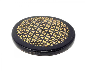 Black Agate Flower of Life Gold Printed Altar Tile/Incense Burner 3" Black Agate Flower of Life Gold Printed Altar Tile/Incense Burner 3"