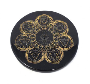 Black Agate Gold Printed -Heart Yogi 7 Chakra Tile /Incense Burner 3"D Black Agate Gold Printed -Heart Yogi 7 Chakra Tile /Incense Burner 3"D