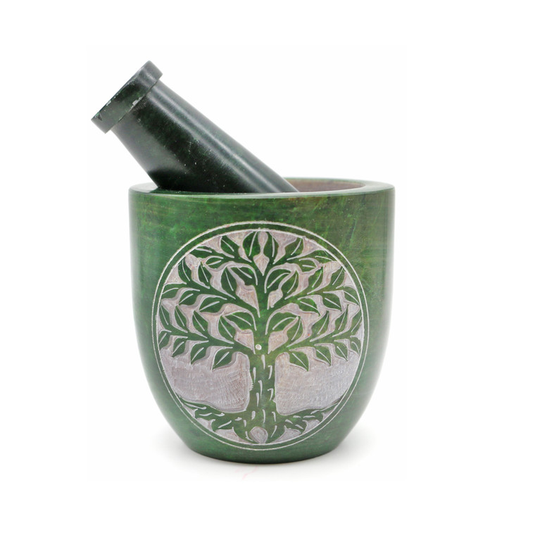 GREEN TREE OF LIFE SOAPSTONE MORTAR & PESTLE (4″ X 3.5″)