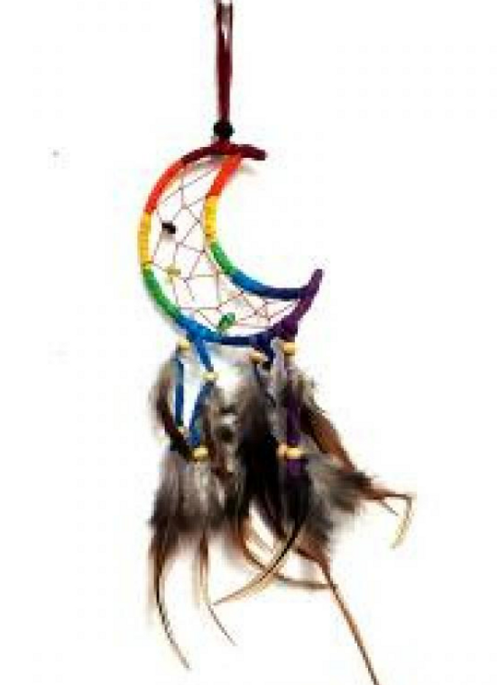 3"+ Crescent Moon Multi-Colored Dreamcatcher With Feathers & Beads