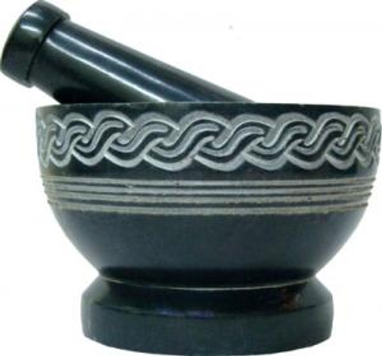 Celtic Knot Craved Soap Stone Mortar & Pestle 2.5"H 4"D