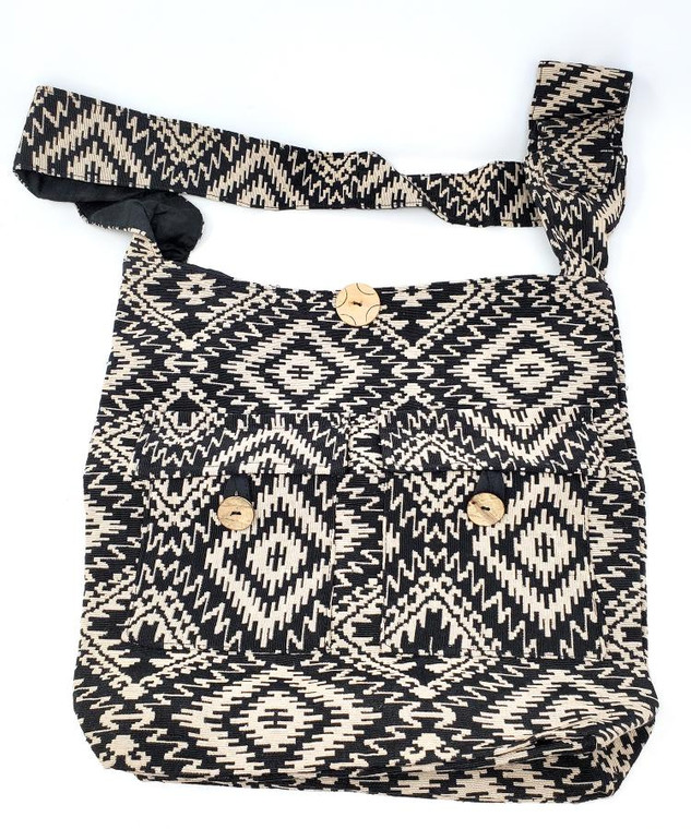 Cotton Woven Shoulder Bag - Style #2 Beige/Black 14"x15"