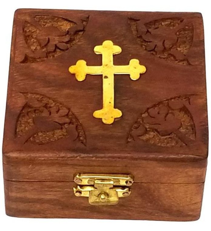 Cross Inlaid Wooden Box - 3 x3 x 1.5"H