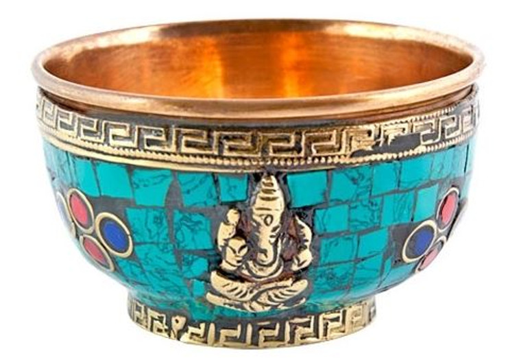 Ganesh Copper Offering Bowl with Stone Work - 3''D