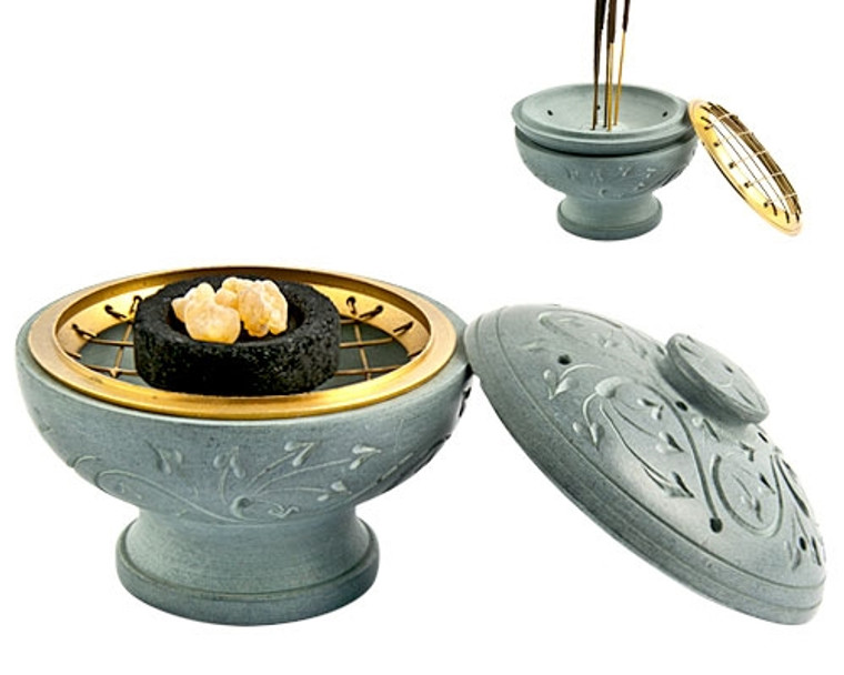 Floral Carved Screen Charcoal Burner & Sticks Burner in Lid