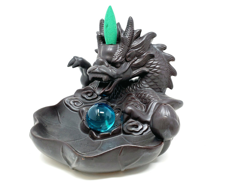Dragon w/Glass Ball Ceramic Backflow Cone/Incense Burner 5.5" H x 6.5"W