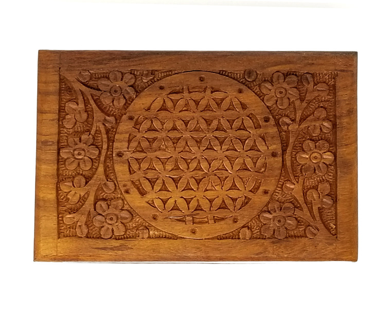 FLOWER OF LIFE BOX WOODEN CARVED 4x6"