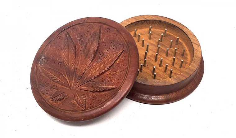 Leaf Carved Wooden Herb Grinder 3" Round