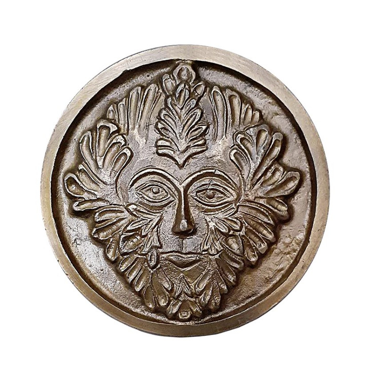 Solid Brass GREEN MAN Altar Tile Honey Gold Finish 3.5" Round