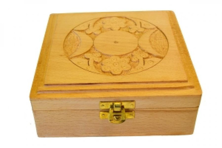 Triple Moon Carved Wood Box 6x6x2.5"H