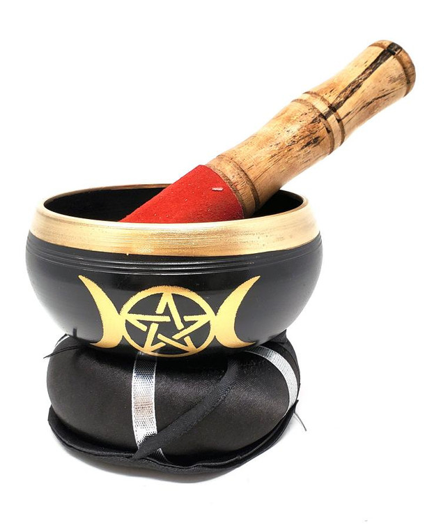 Triple Moon Pentagram Tibetan Singing Bowl 4"D with striker & cushion