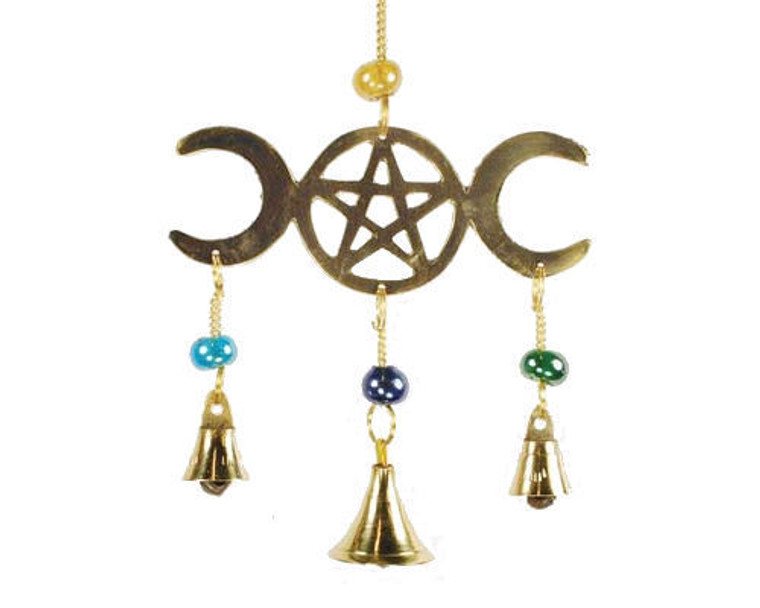 Triple Moon Pentagram Wind Chime Brass with Beads 9"L