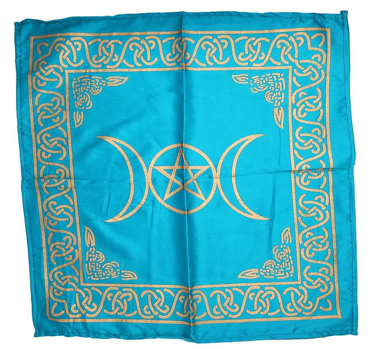 Triple Moon with Pentagram Altar Cloth Golden print on Turquoise 21x21"