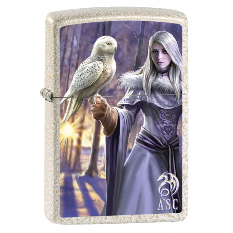 Zippo Lighter: Anne Stokes Woman with Owl - Mercury Glass