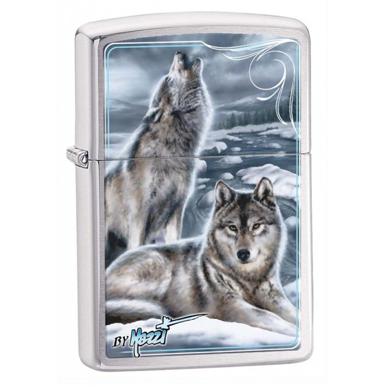 Zippo Lighter: Mazzi Winter Wolves - Brushed Chrome