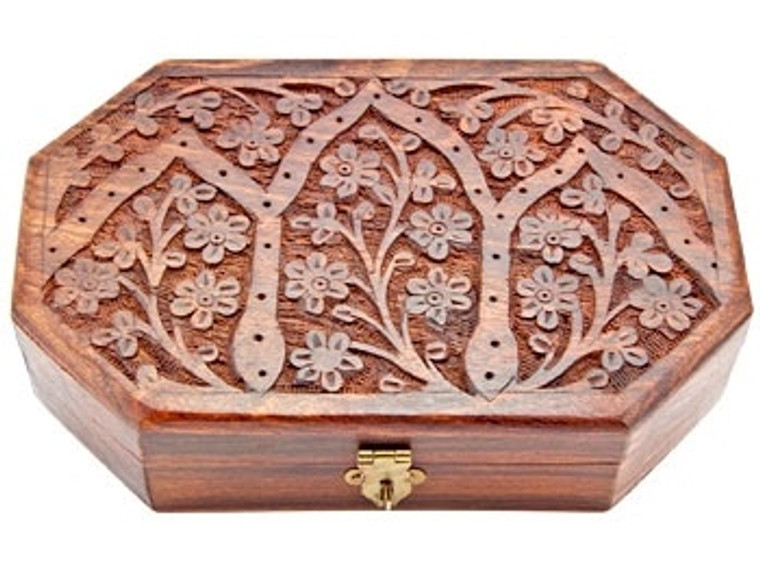 Floral Carved Hexagonal Wooden Box