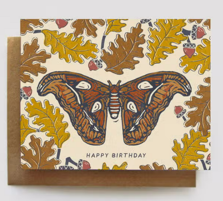 Atlas Moth & Oak Leaves Fall Autum Happy Birthday Card