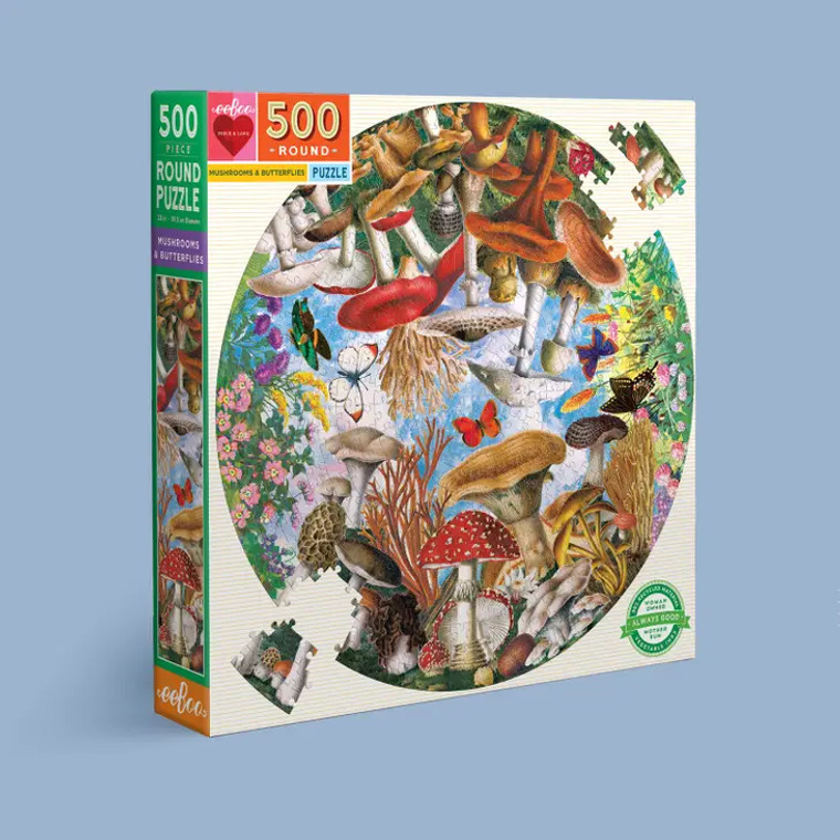 eeboo Mushrooms and Butterflies 500 Piece Round Puzzle