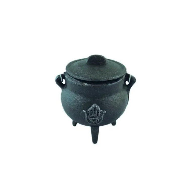 Hand of Hamsa Mini Cast Iron Cauldron 3.5 Inch with Lid