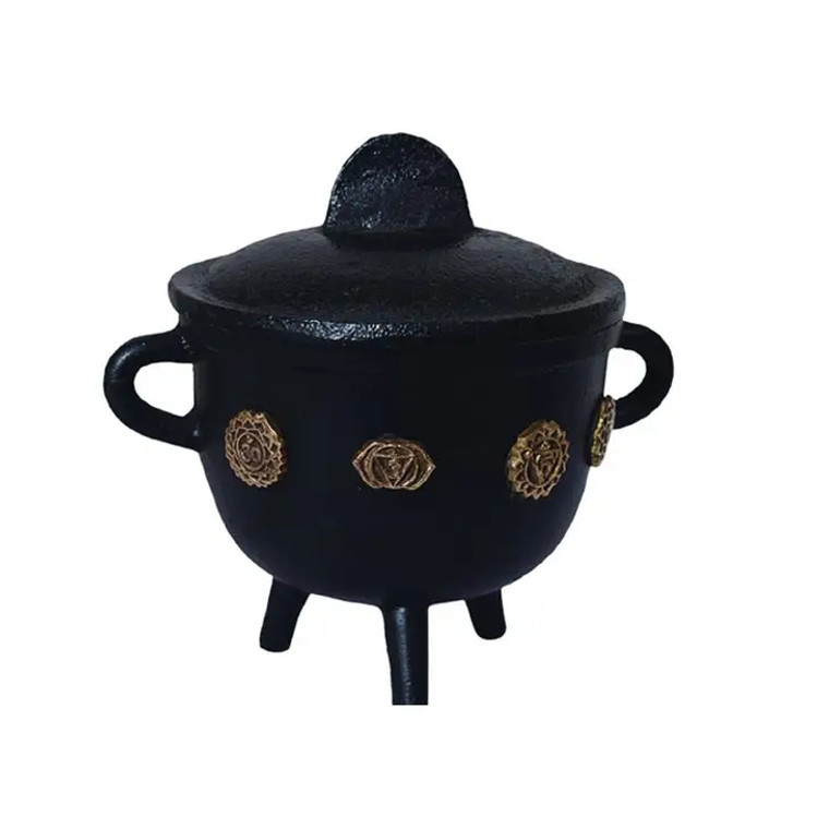 Gold 7 Chakra Cast Iron Cauldron 4.5 Inch with Lid & Handle